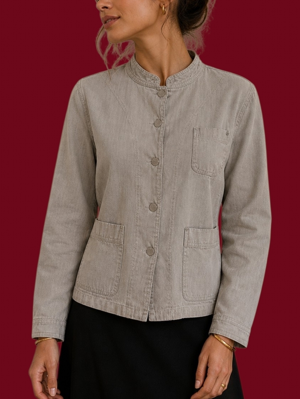 ISAAC MIZRAHI for Target Button Up Herringbone Gray Mandarin Collar Jack…